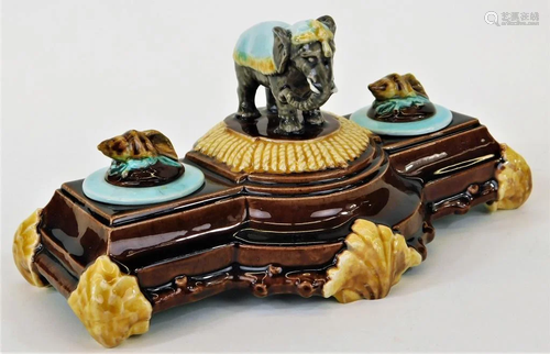 English Circus Elephant Majolica Pottery Inkwell