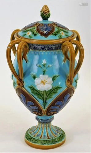 FINE Minton English Majolica Floral Handled Urn