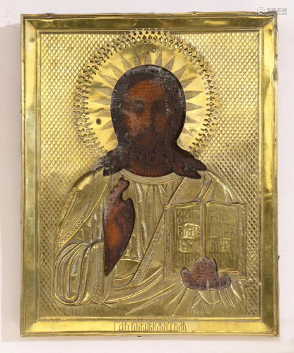 A Russian gilt brass oklad icon of Jesus the