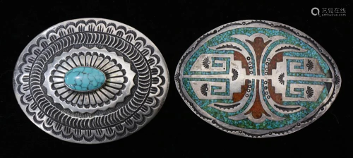 Southwest turquoise mounted silver belt buckles lot