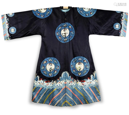 Chinese Blue Silk Embroidered Robe