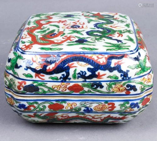 A Famille Verte Enameled Porcelain Dragon Box