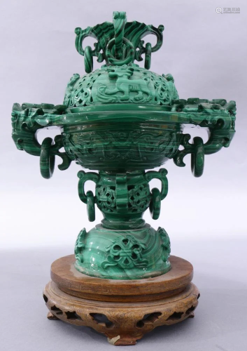 Chinese Carved Malachite Archaistic Censer