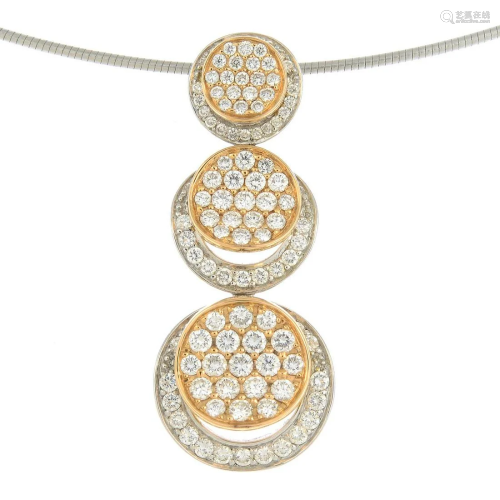 An 18ct gold pave-set diamond disc pendant, suspe…