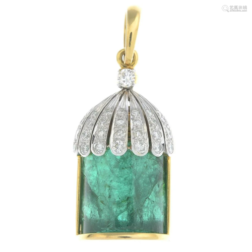 An emerald and diamond pendant.Emerald w…
