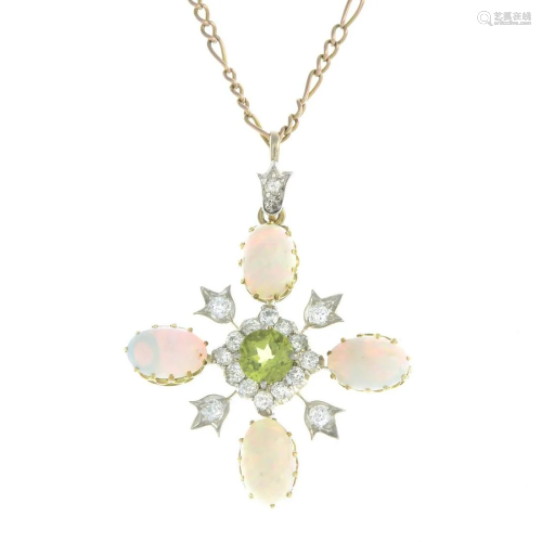 A peridot, opal and diamond pendant, suspended…