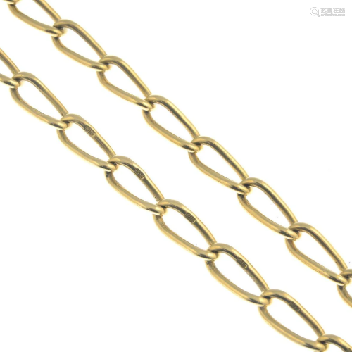 A fancy-link chain. Stamped 18.Length 40cms. 44…