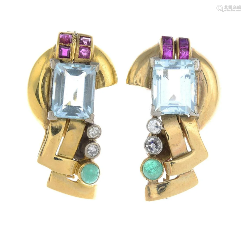 A pair of diamond and gem-set earrings. One
