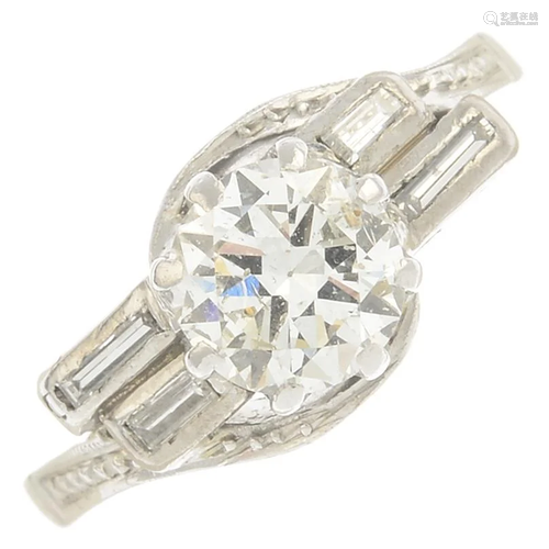 A circular-cut diamond single-stone ring, with