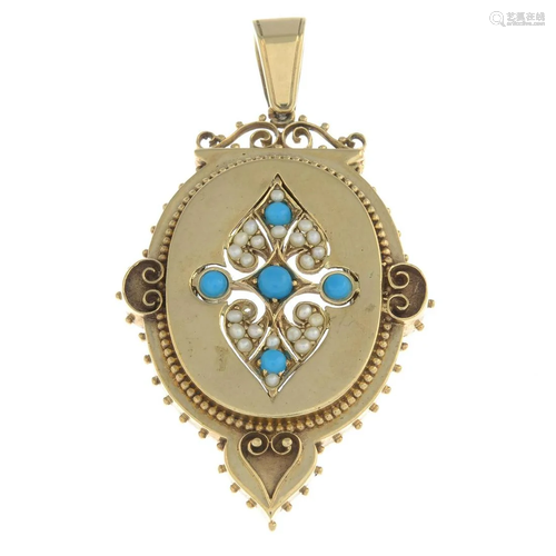 A 9ct gold split pearl and blue paste locket.Length