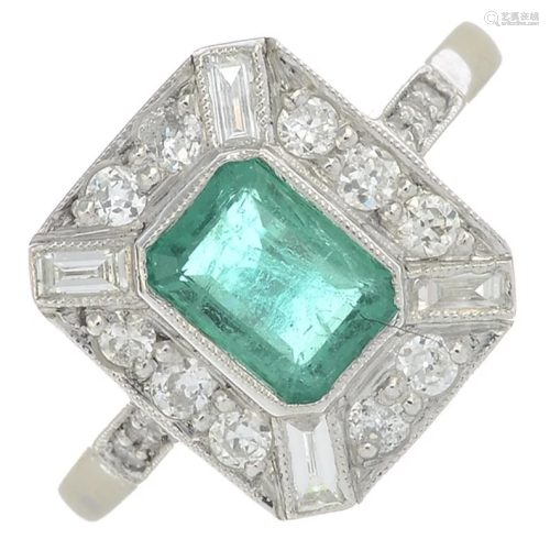A brilliant-cut diamond and emerald cluster ring.Two