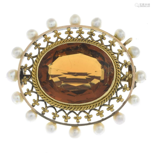 A citrine and cultured pearl brooch.French assay