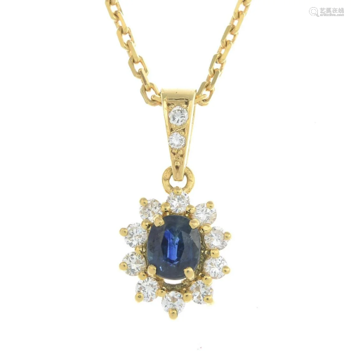 A sapphire and brilliant-cut diamond cluster pendant,