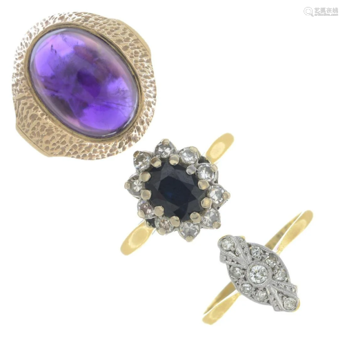 Three diamond and gem-set rings, gems include …