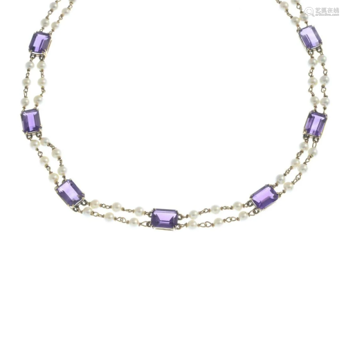 A mid 20th century cultured pearl and amethyst