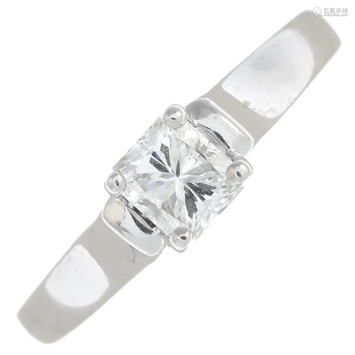 A square-shape diamond single-stone ring.Wi…