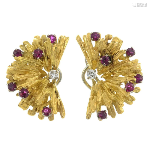 A pair of 1970s 18ct gold ruby and diamond