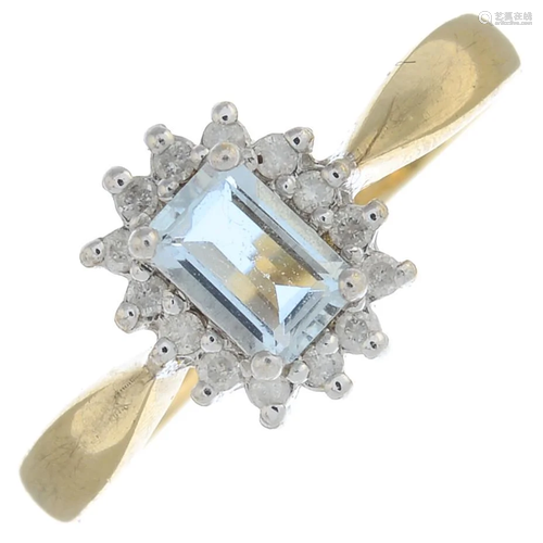 A 9ct gold aquamarine and diamond cluster ring.Total