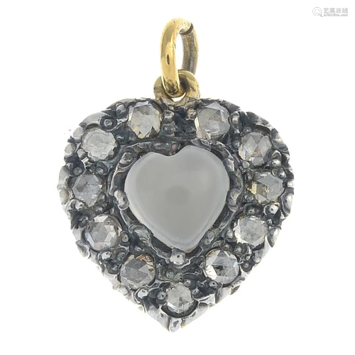 A rose-cut diamond and moonstone heart pendant.Length