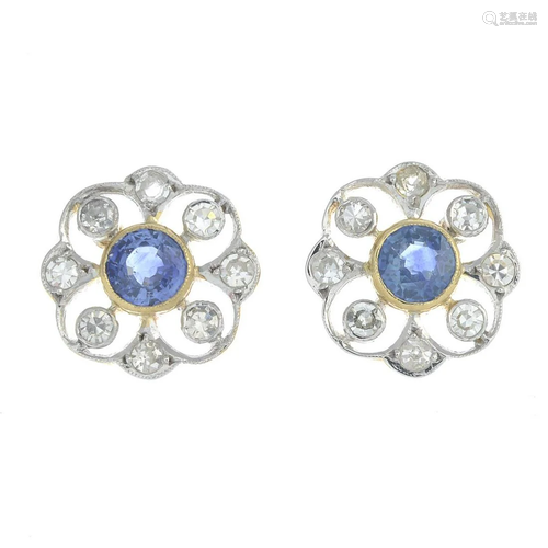 A pair of single-cut diamond and sapphire floral