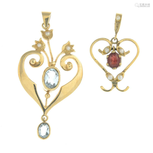 Two 9ct gold gem set pendants, with a later gem set