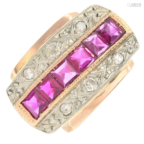 A synthetic ruby and diamond dress ring. Ring size