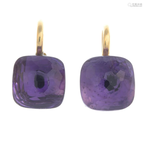 A pair of amethyst earrings.Italian marks.Length