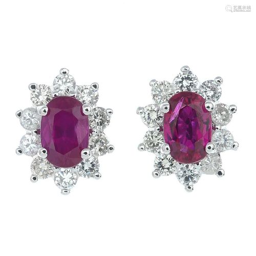 A pair of ruby and brilliant-cut diamond cluster