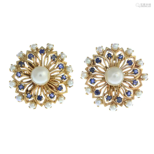 A pair of cultured pearl and sapphire cluster earrings.