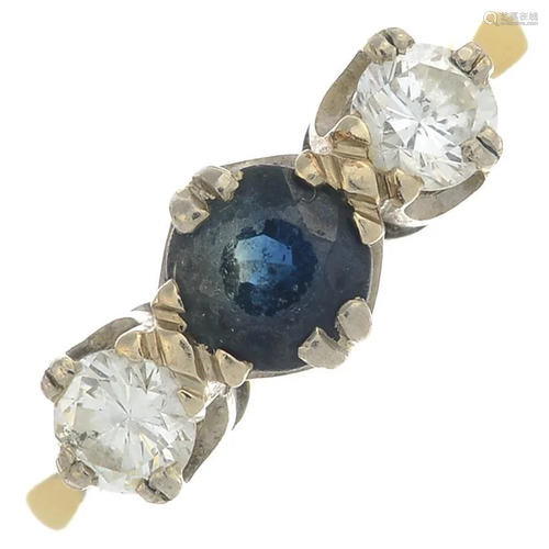 A brilliant-cut diamond and sapphire three-stone