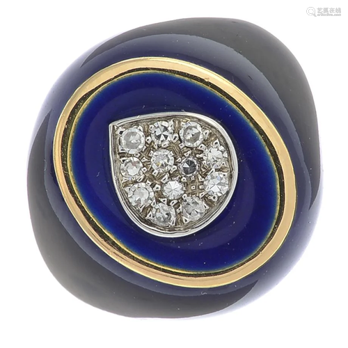 A single-cut diamond and enamel ring.Estimated total