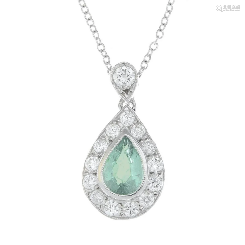 A brilliant-cut diamond and emerald cluster pendant,
