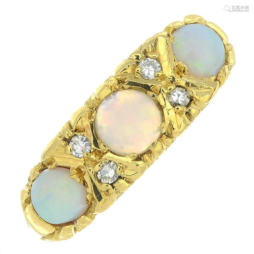 A mid 20th century 18ct gold opal three-stone ring,