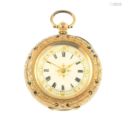 An early 20th century 14ct gold enamel fob watch,…