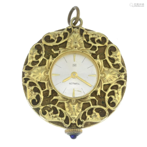 A foliate motif fob watch, by Turler. Length 4.6cms.