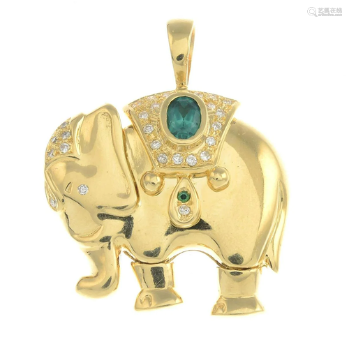 A green paste and diamond elephant pendant.Total