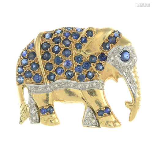 A sapphire and diamond elephant brooch.Fren…