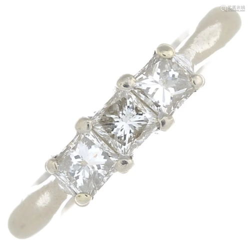 (55014) A 9ct gold diamond three-stone ring.Esti…