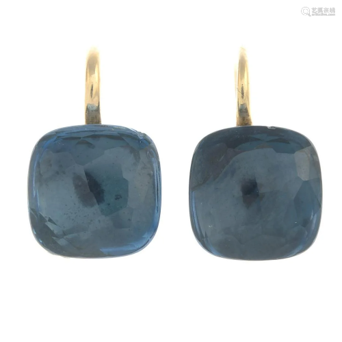 A pair of blue topaz earrings.Length 1.8cms. 10gms.
