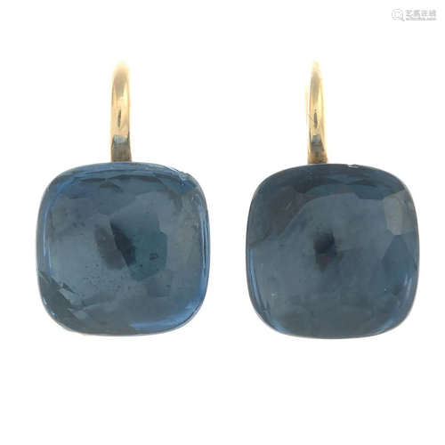 A pair of blue topaz earrings.Length 1.8cms. 10gms.