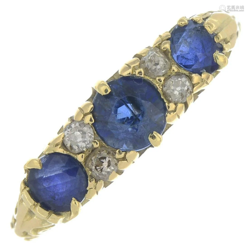 An 18ct gold Edwardian sapphire and diamond three-…