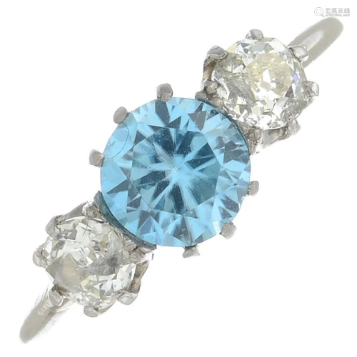 A zircon and old-cut diamond three-stone ring.Esti…