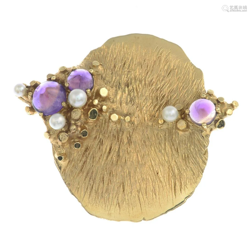 A mid 20th century 14ct gold amethyst and seed pearl