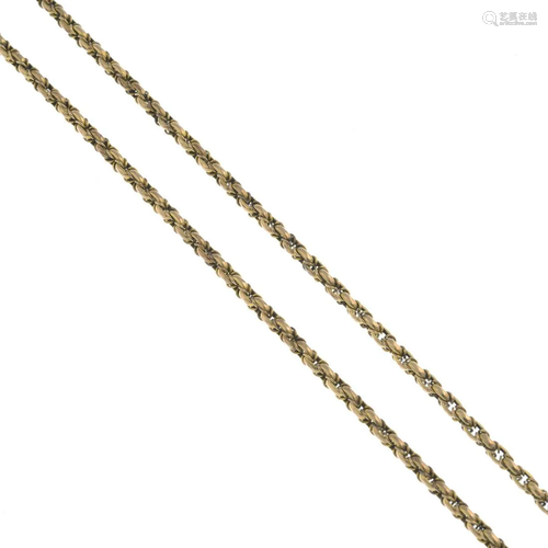 A late 19th century 9ct gold longuard chain.Stamped