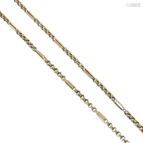 A late 19th century gold longuard chain.Length …