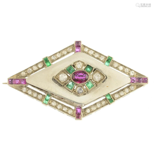 A diamond, emerald and ruby brooch.Estimated total