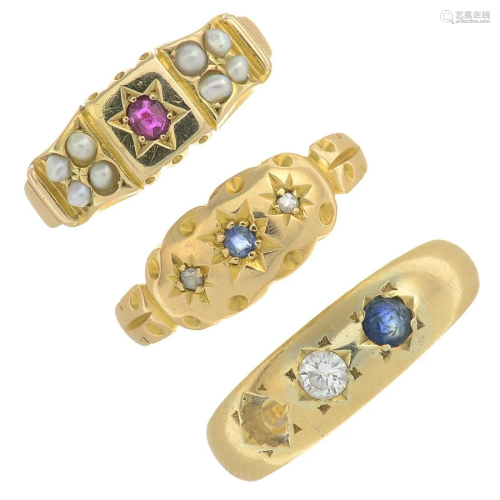 Three late Victorian gold gem-set rings.AF.Gems to