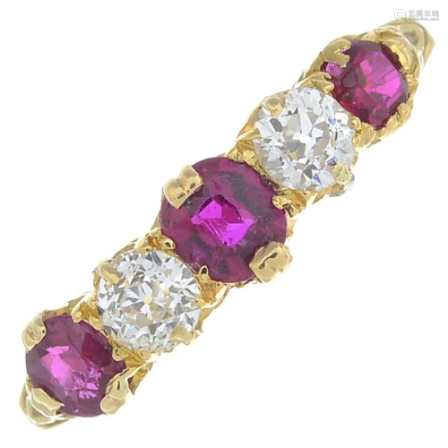 A ruby and diamond five-stone ring.Estimated total