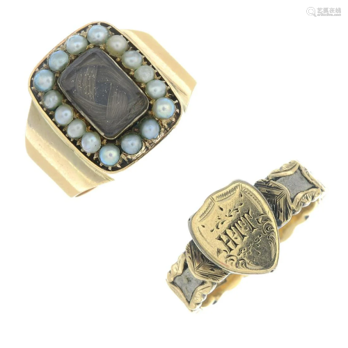 Two late 19th century gold mourning rings, one set…