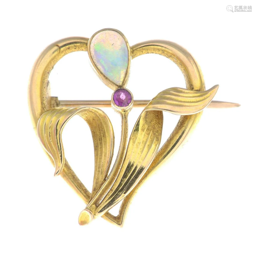 An Art Nouveau 15ct gold opal and ruby brooch.S…